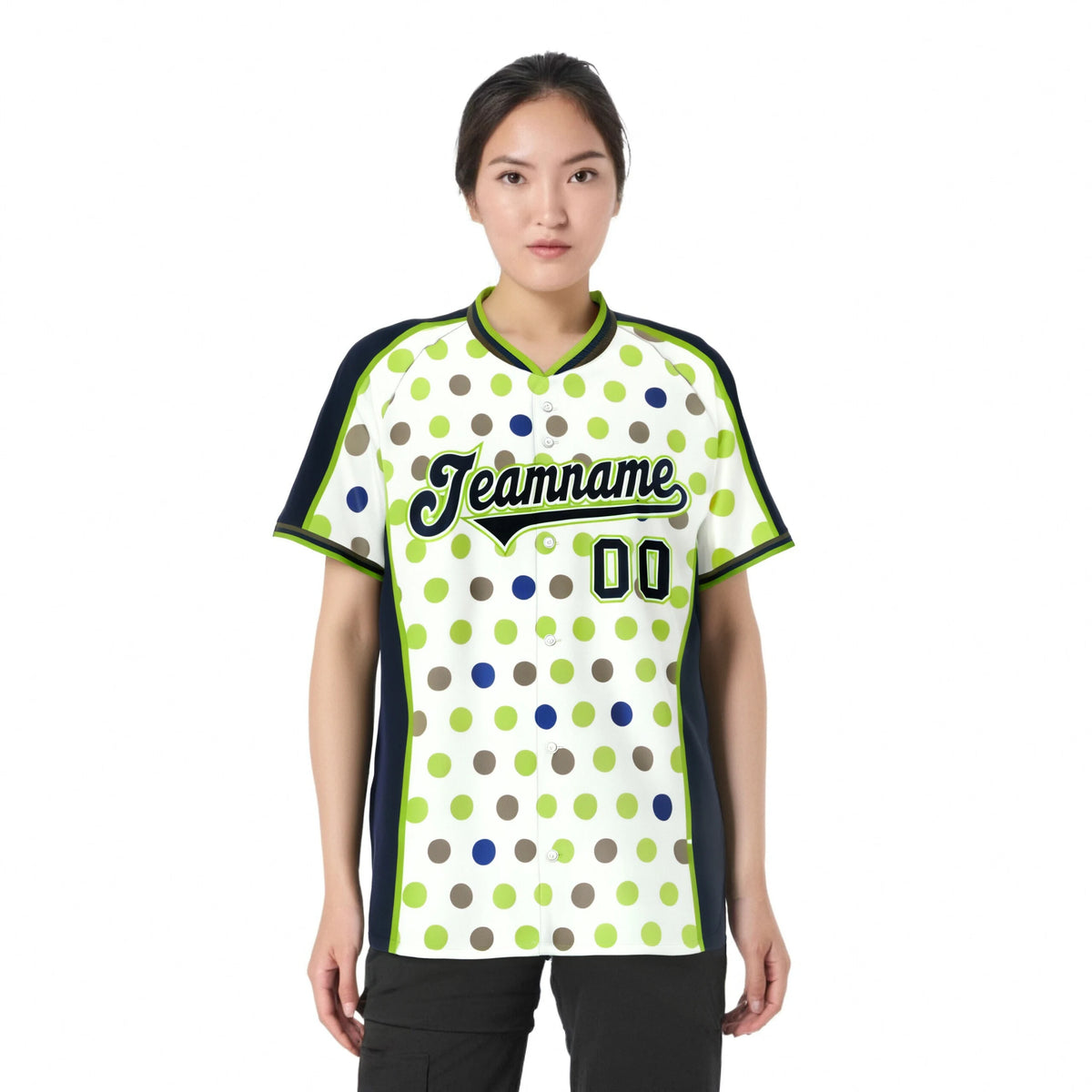 Custom White Navy Neon Green Authentic Polka Dot Fashion Baseball Jersey