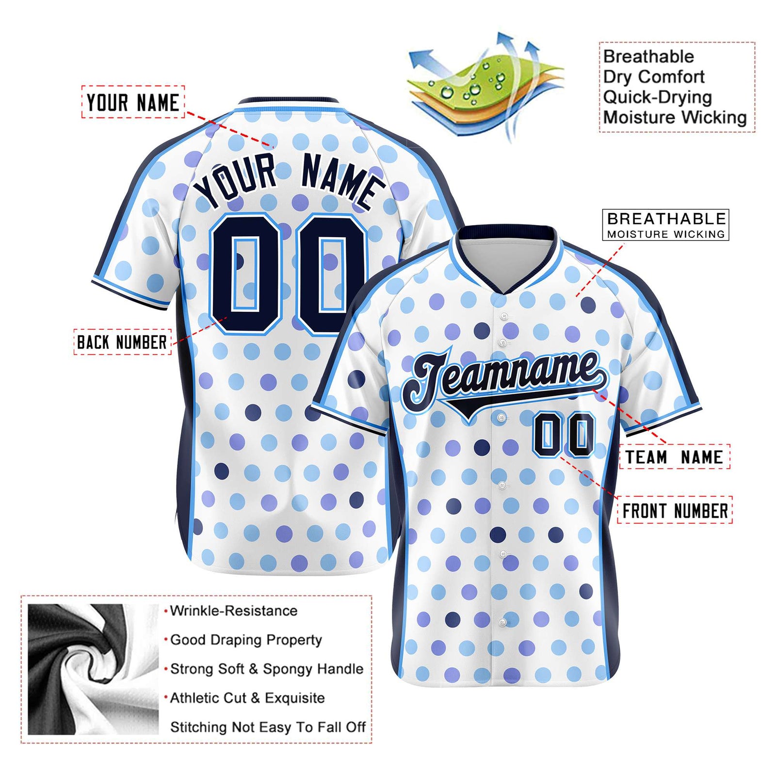 Custom White Navy Powder Blue Navy Authentic Polka Dot Fashion Baseball Jersey