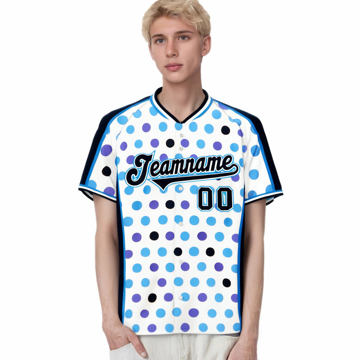 Custom White Navy Powder Blue Navy Authentic Polka Dot Fashion Baseball Jersey