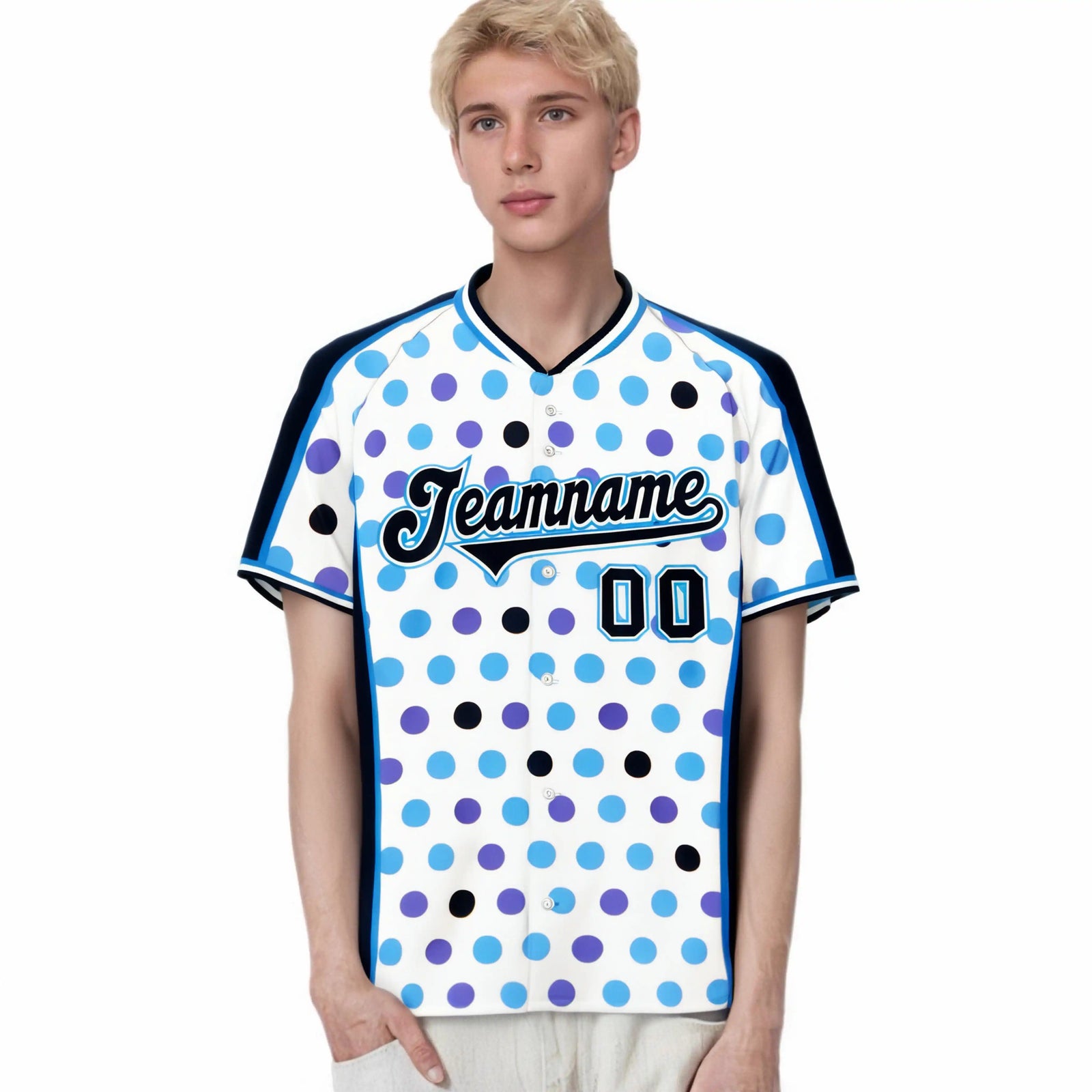 Custom White Navy Powder Blue Navy Authentic Polka Dot Fashion Baseball Jersey
