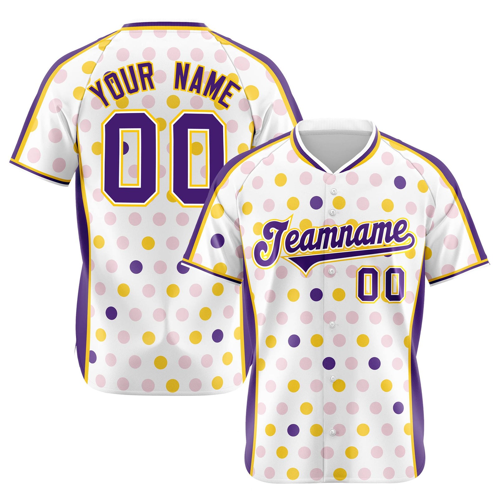 Custom White Purple Gold Authentic Polka Dot Fashion Baseball Jersey