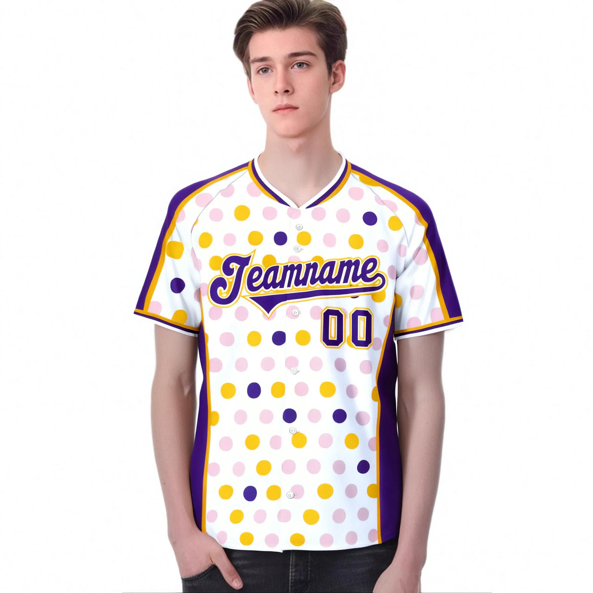 Custom White Purple Gold Authentic Polka Dot Fashion Baseball Jersey
