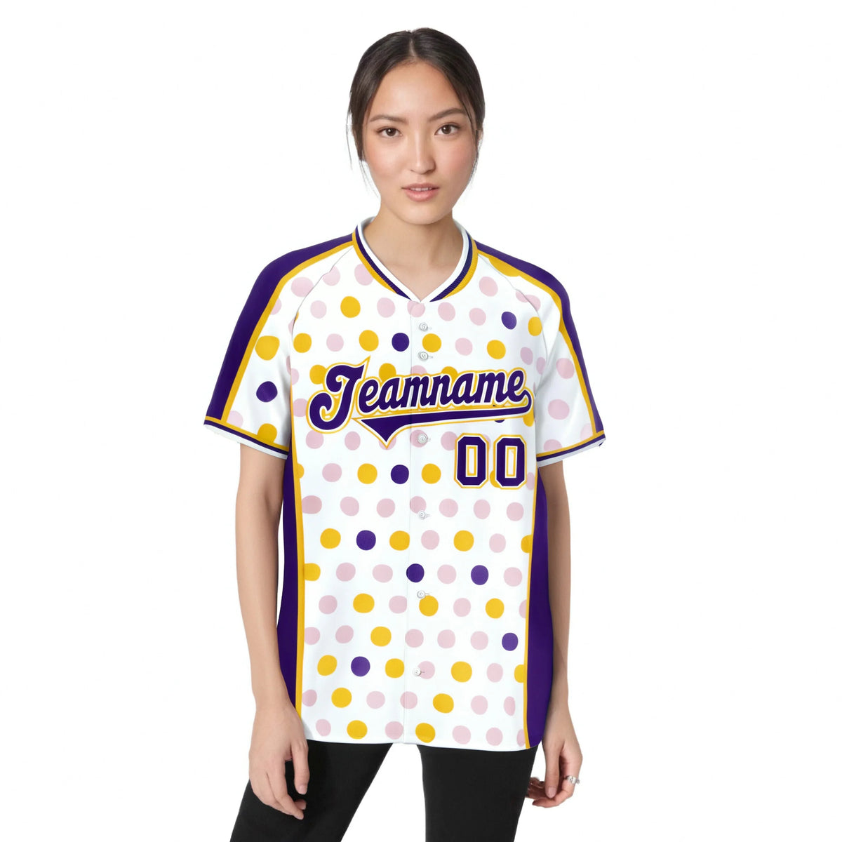 Custom White Purple Gold Authentic Polka Dot Fashion Baseball Jersey