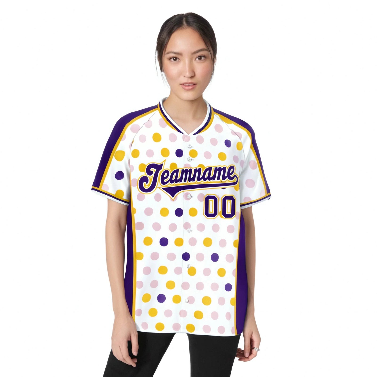 Custom White Purple Gold Authentic Polka Dot Fashion Baseball Jersey