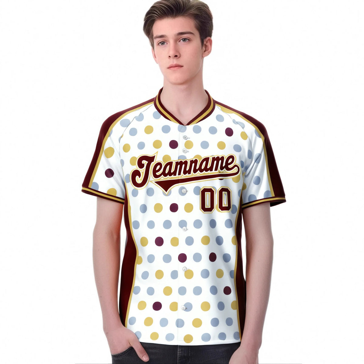 Custom White Crimson Khaki Authentic Polka Dot Fashion Baseball Jersey