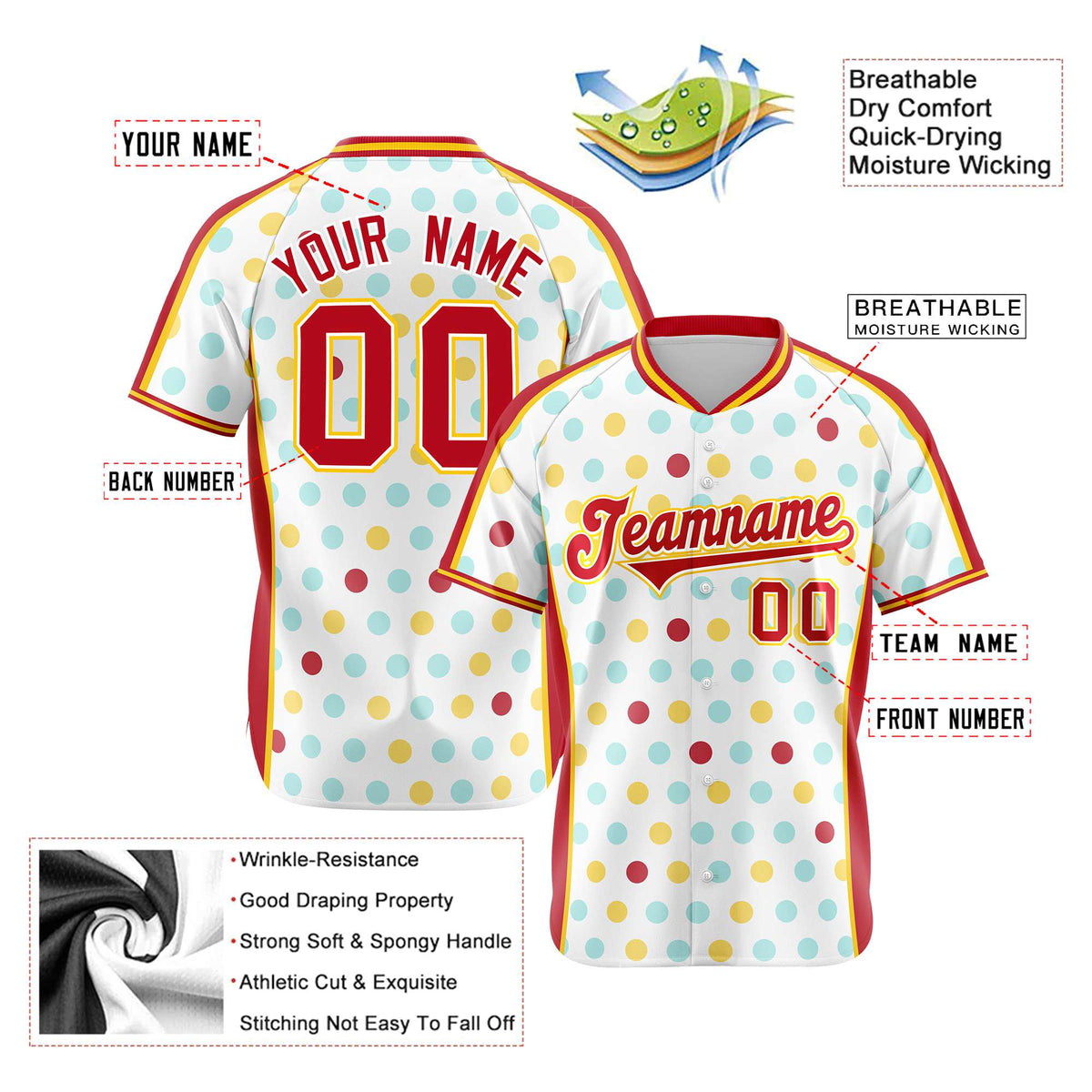 Custom White Red Gold Authentic Polka Dot Fashion Baseball Jersey