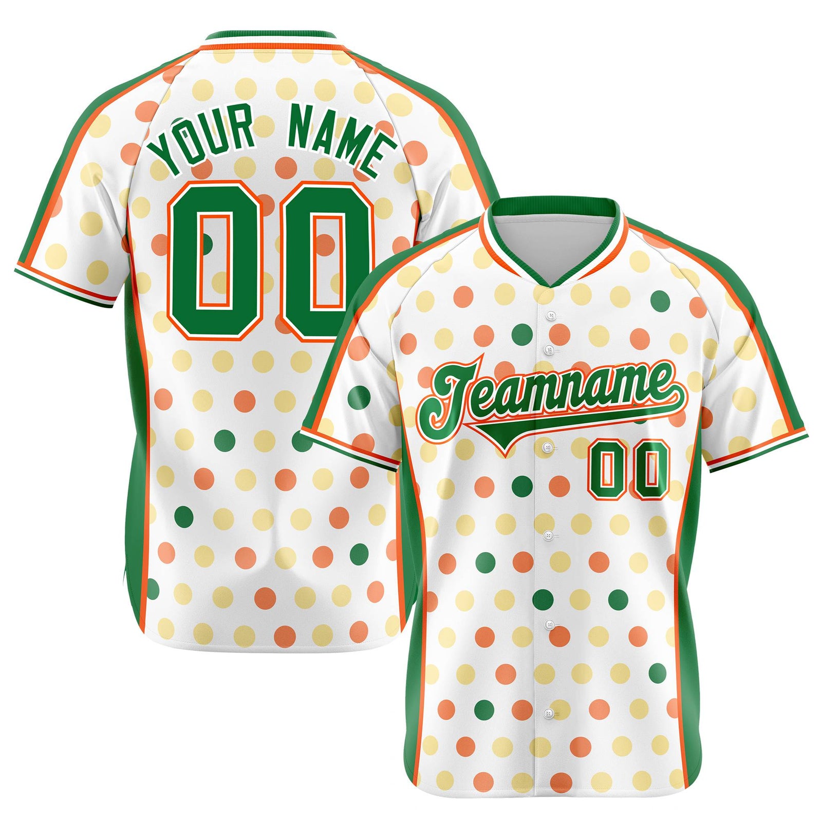 Custom White Kelly Green Orange Gold Authentic Polka Dot Fashion Baseball Jersey