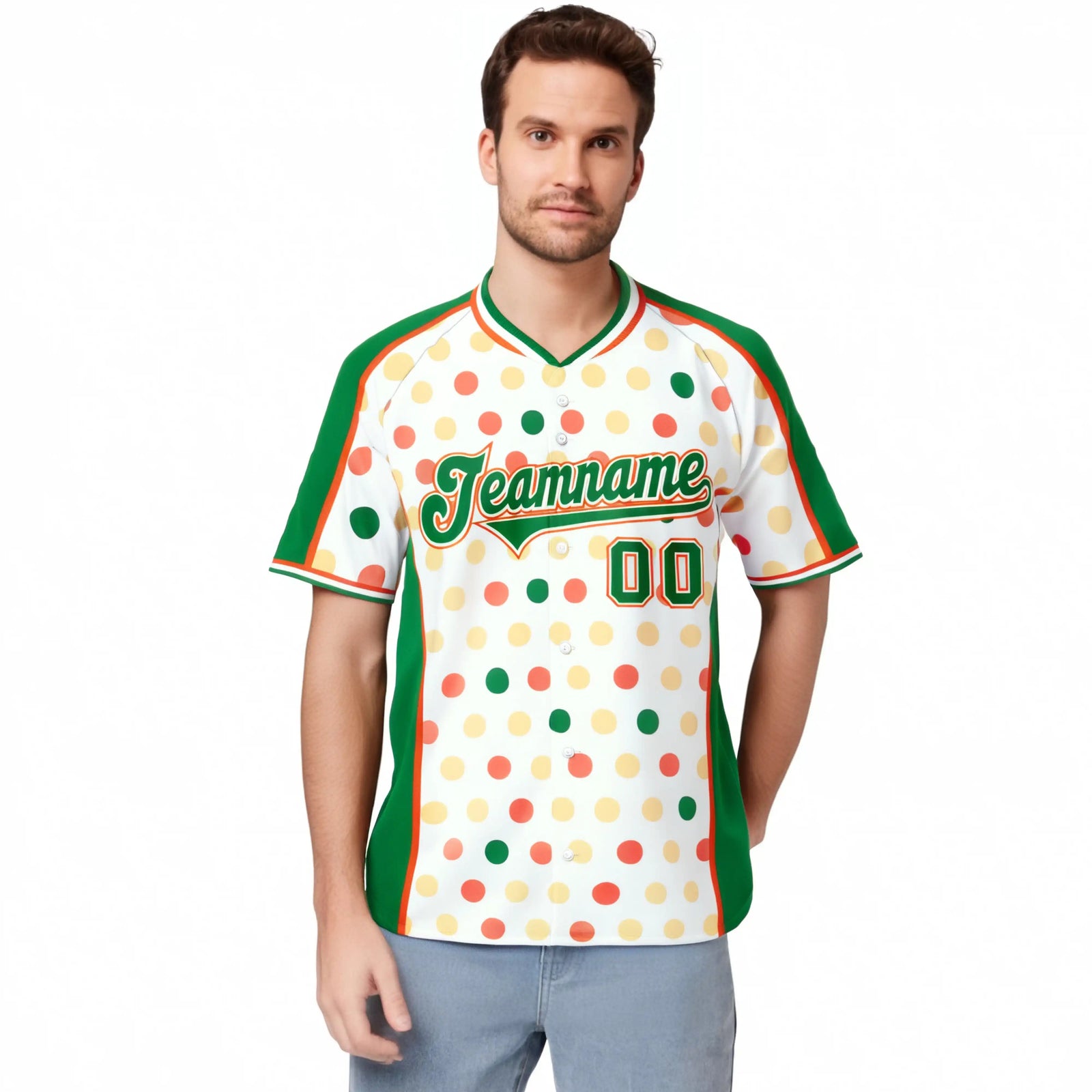 Custom White Kelly Green Orange Gold Authentic Polka Dot Fashion Baseball Jersey