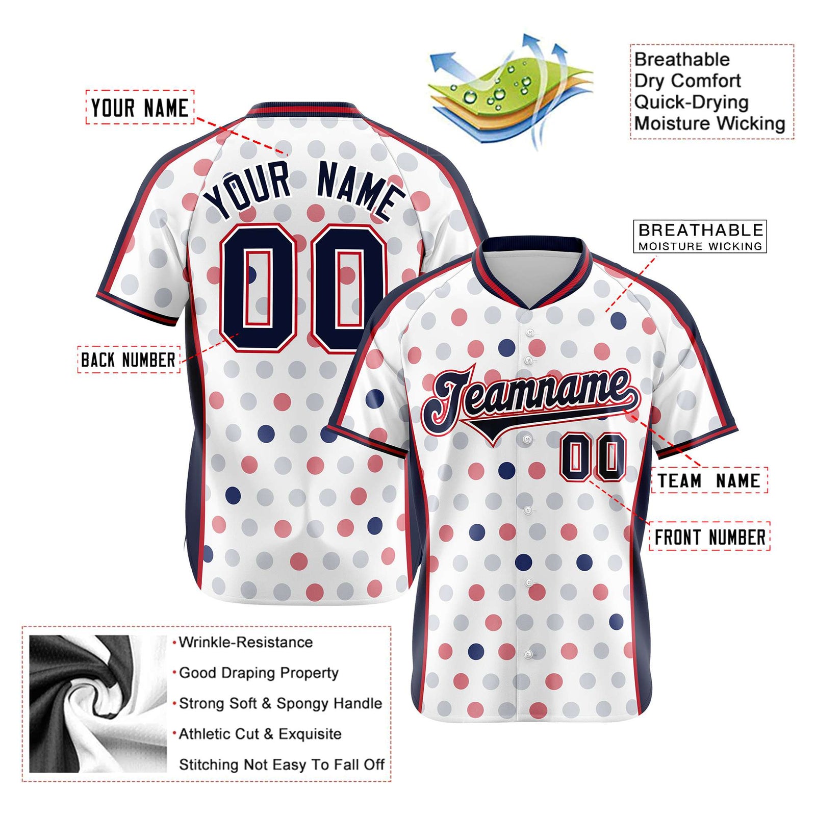 Custom White Navy Red Authentic Polka Dot Fashion Baseball Jersey