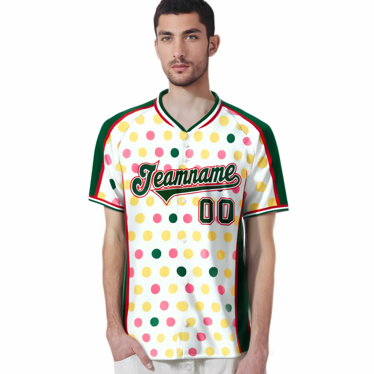 Custom White Green Pink Authentic Polka Dot Fashion Baseball Jersey
