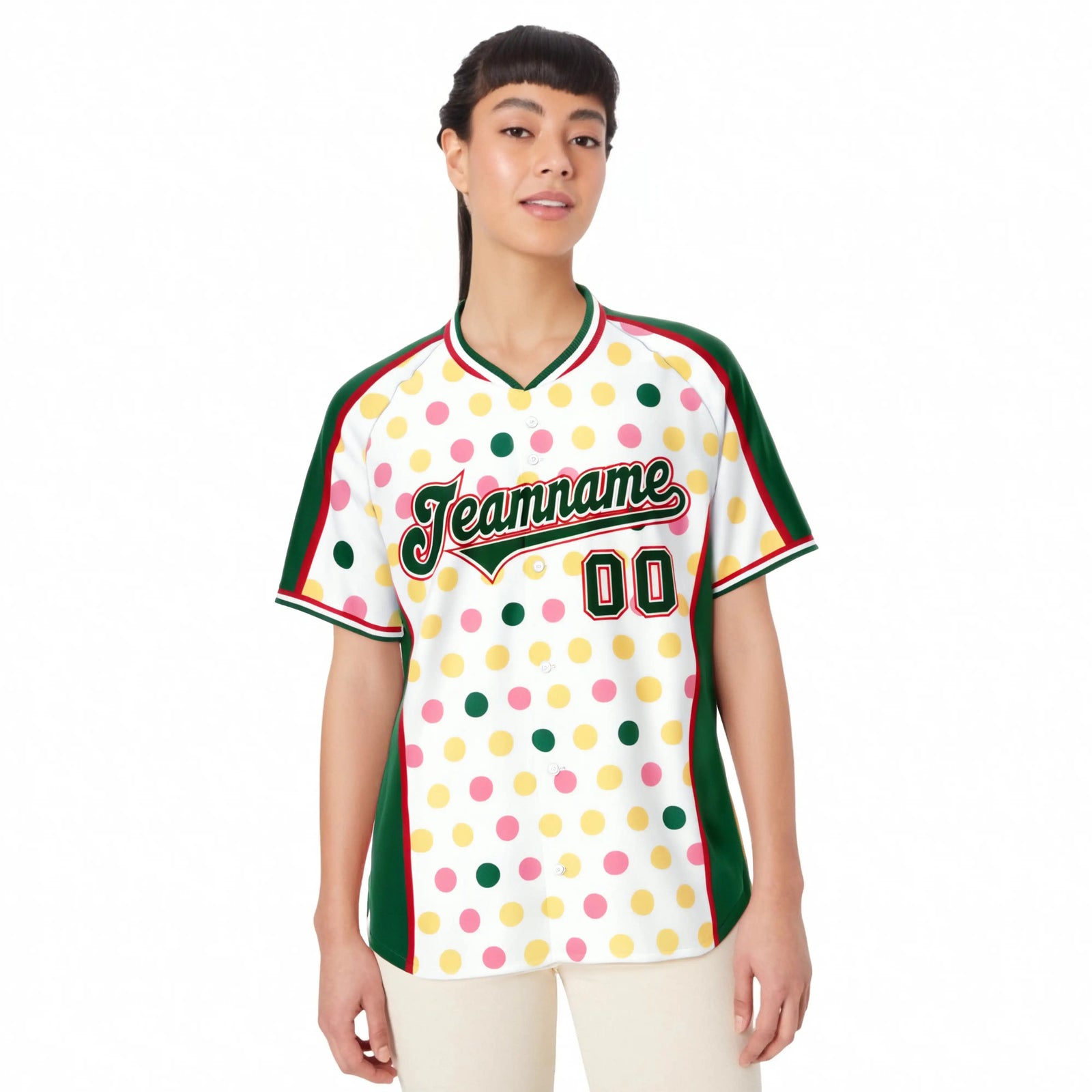 Custom White Green Pink Authentic Polka Dot Fashion Baseball Jersey