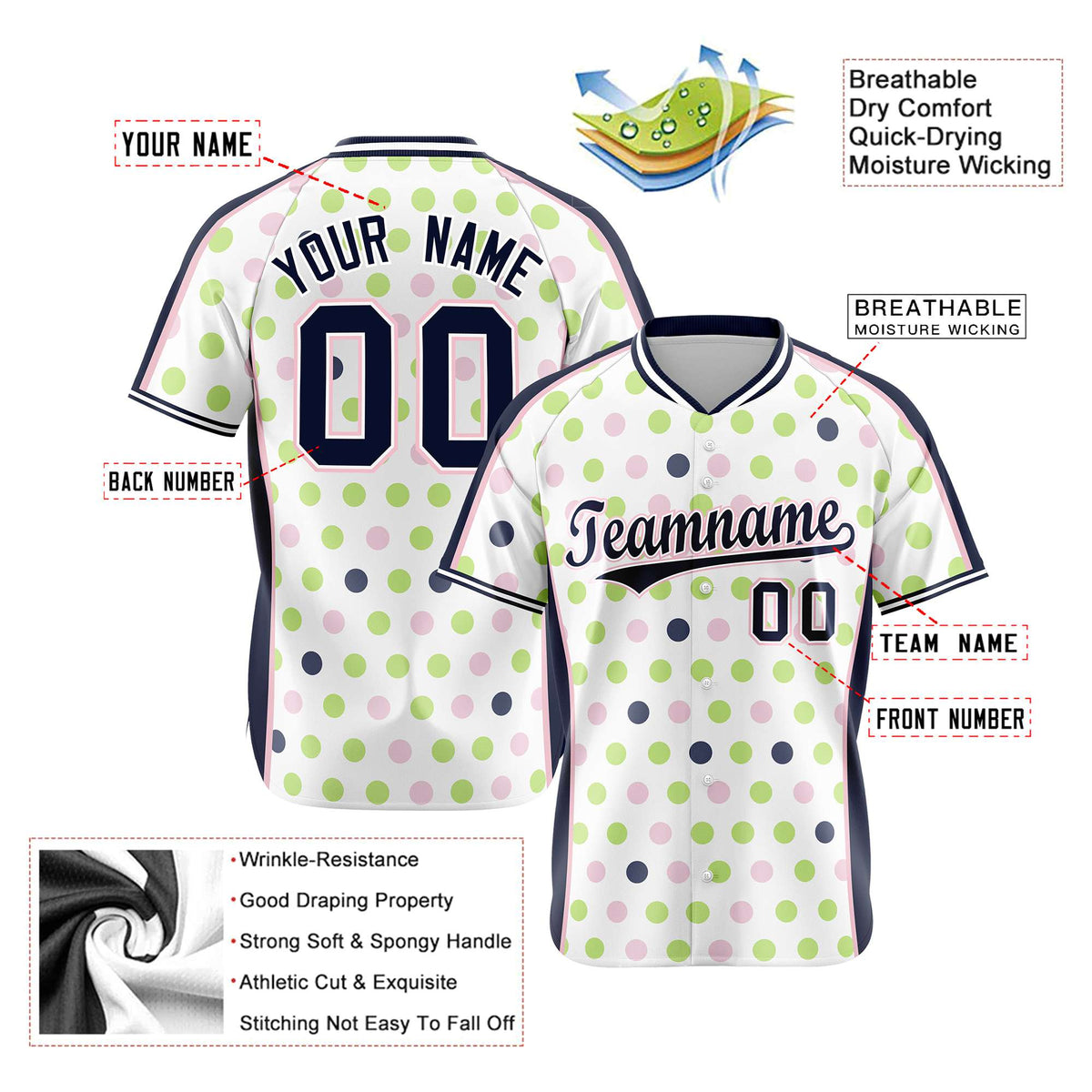 Custom White Navy Green Authentic Polka Dot Fashion Baseball Jersey