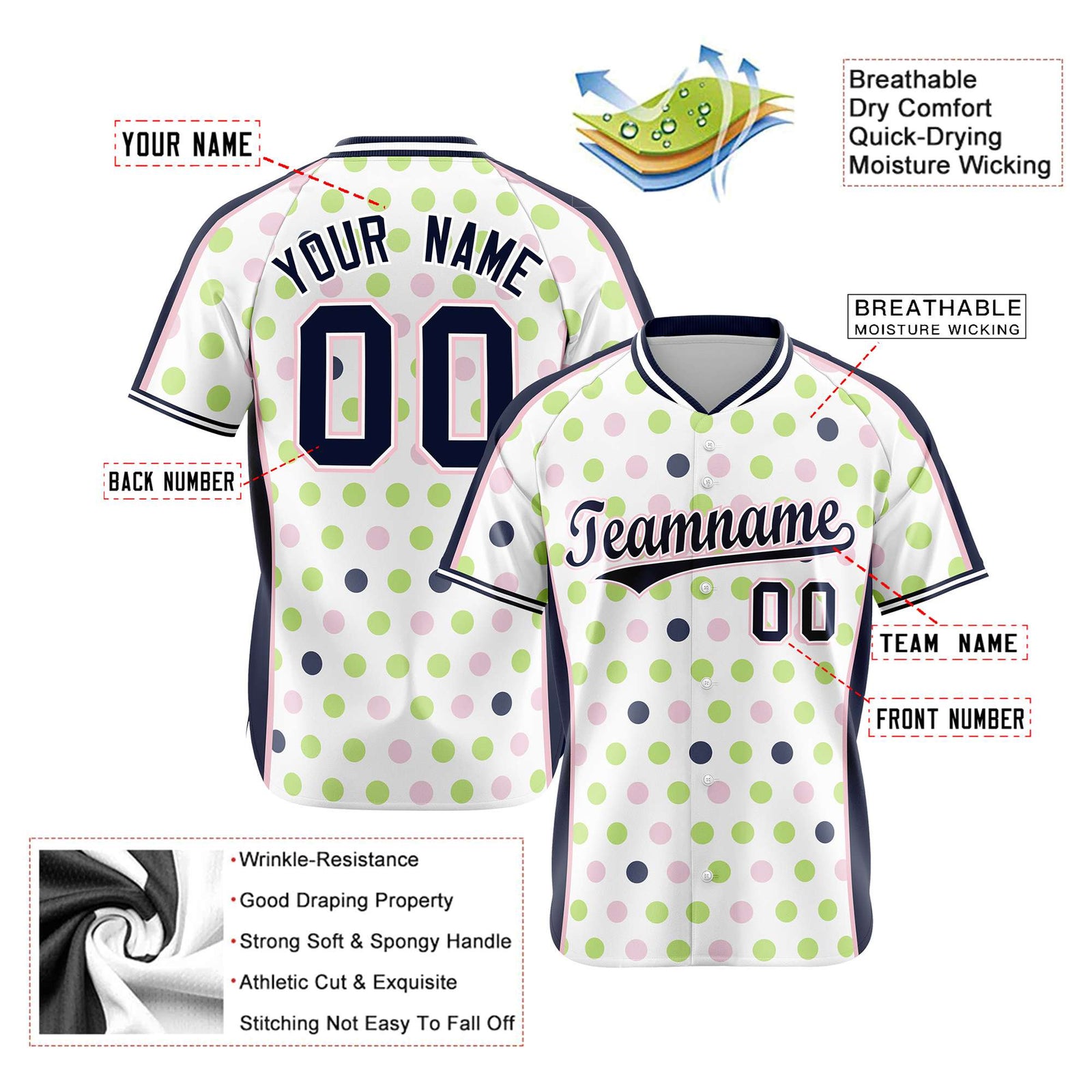 Custom White Navy Green Authentic Polka Dot Fashion Baseball Jersey