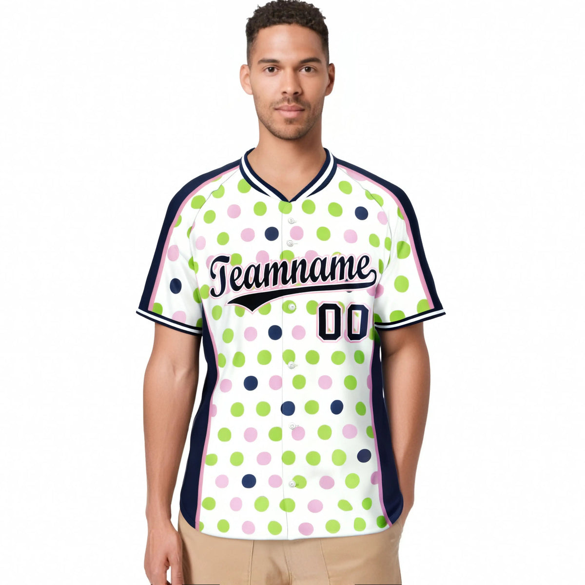 Custom White Navy Green Authentic Polka Dot Fashion Baseball Jersey