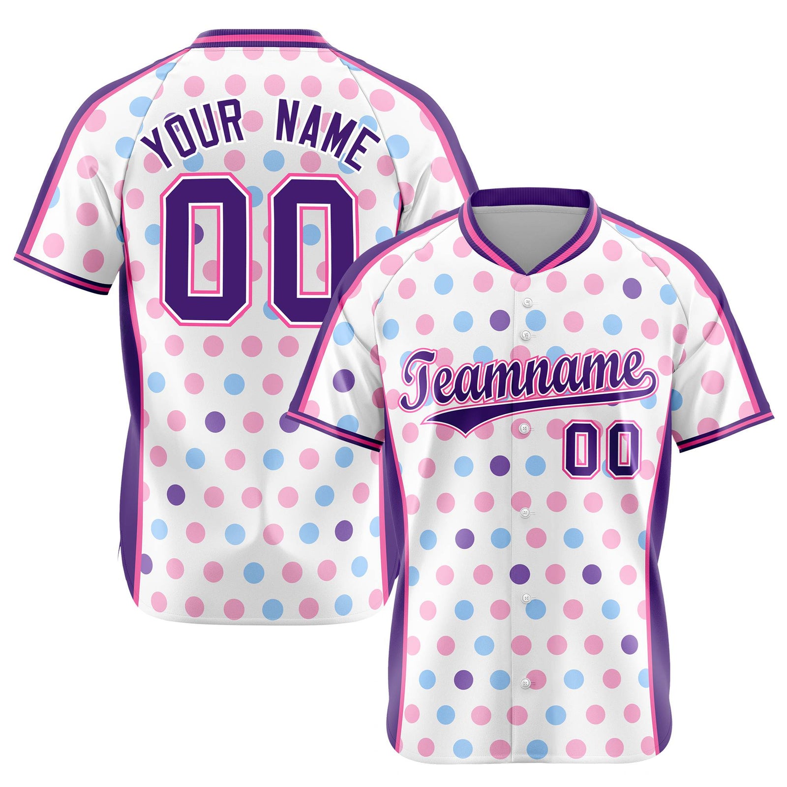Custom White Purple Blue-Pink Authentic Polka Dot Fashion Baseball Jersey