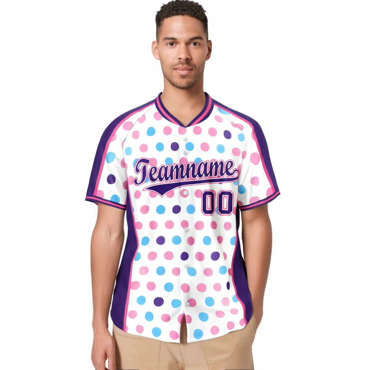 Custom White Purple Blue-Pink Authentic Polka Dot Fashion Baseball Jersey
