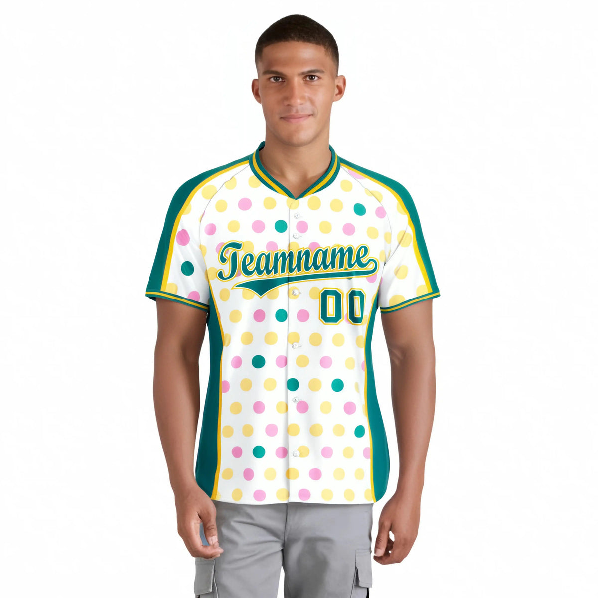 Custom White Aqua Gold Authentic Polka Dot Fashion Baseball Jersey