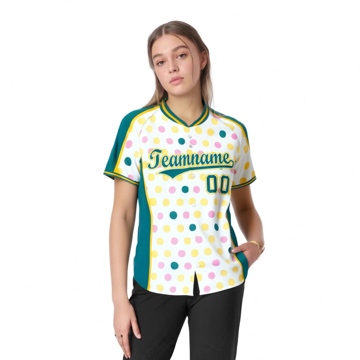 Custom White Aqua Gold Authentic Polka Dot Fashion Baseball Jersey