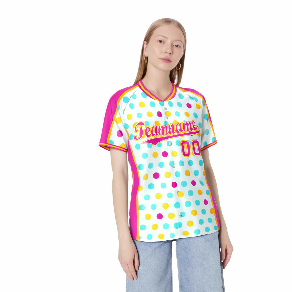 Custom White Pink Gold Authentic Polka Dot Fashion Baseball Jersey