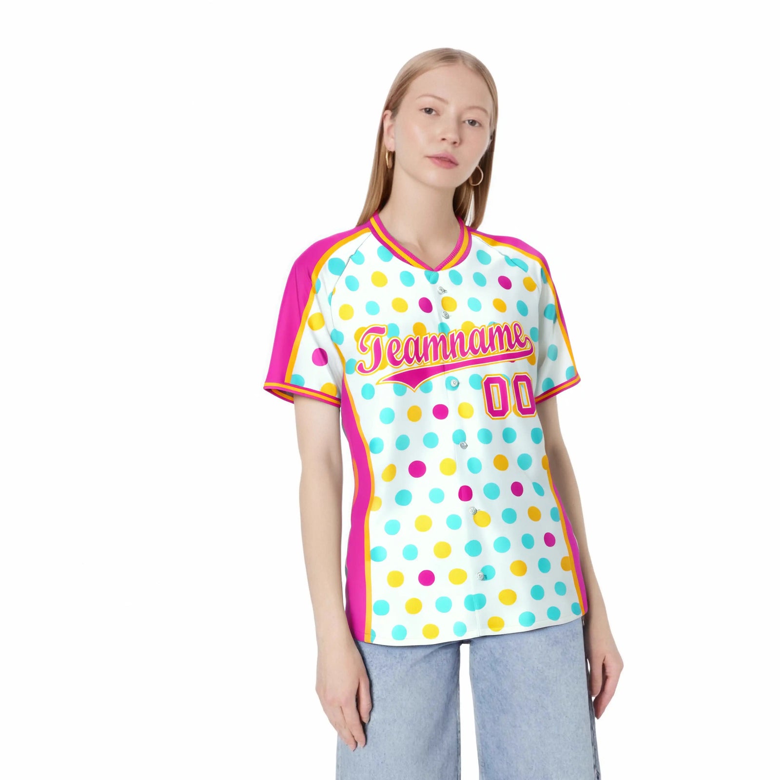 Custom White Pink Gold Authentic Polka Dot Fashion Baseball Jersey