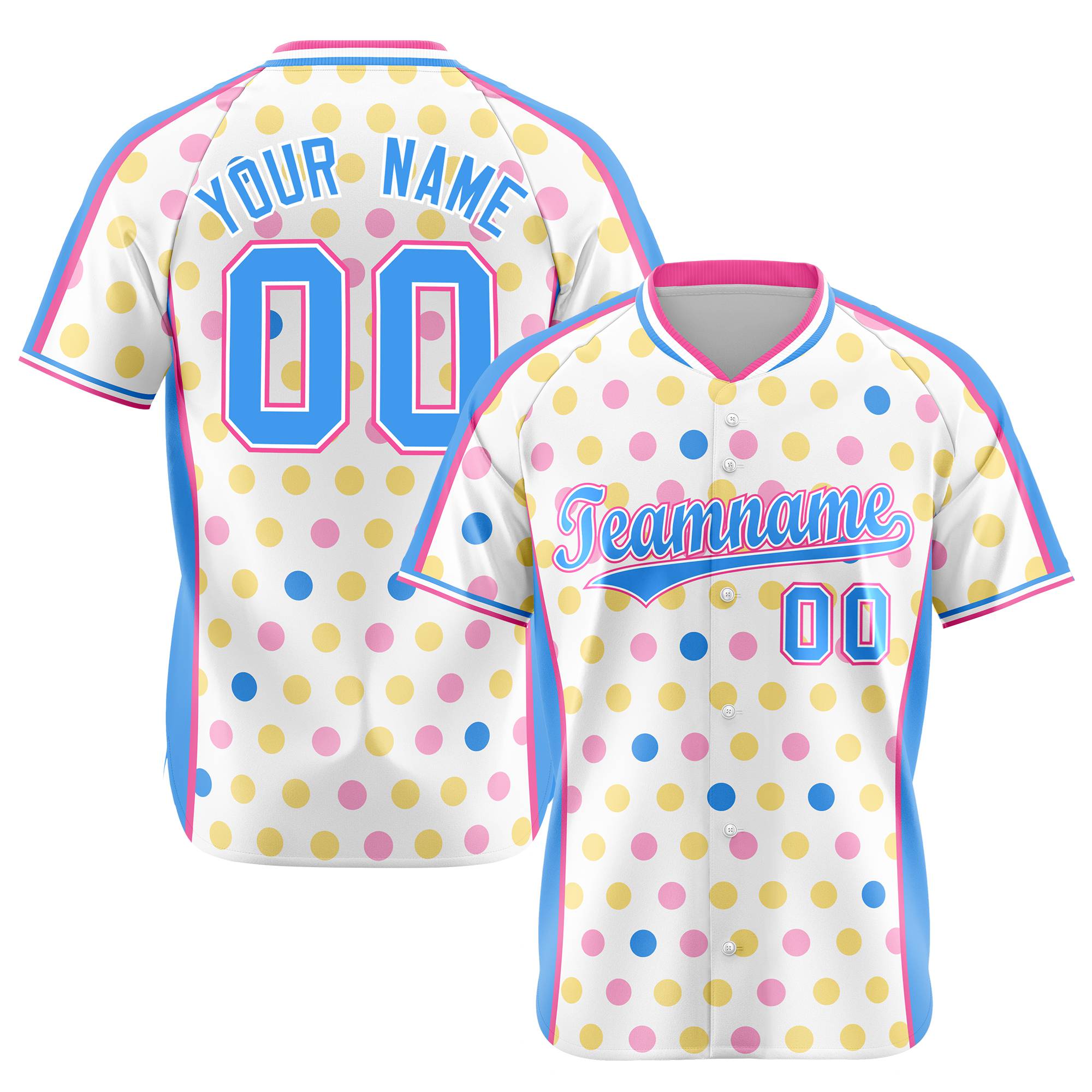 Custom White Powder Blue Pink Gold Authentic Polka Dot Fashion Baseball Jersey