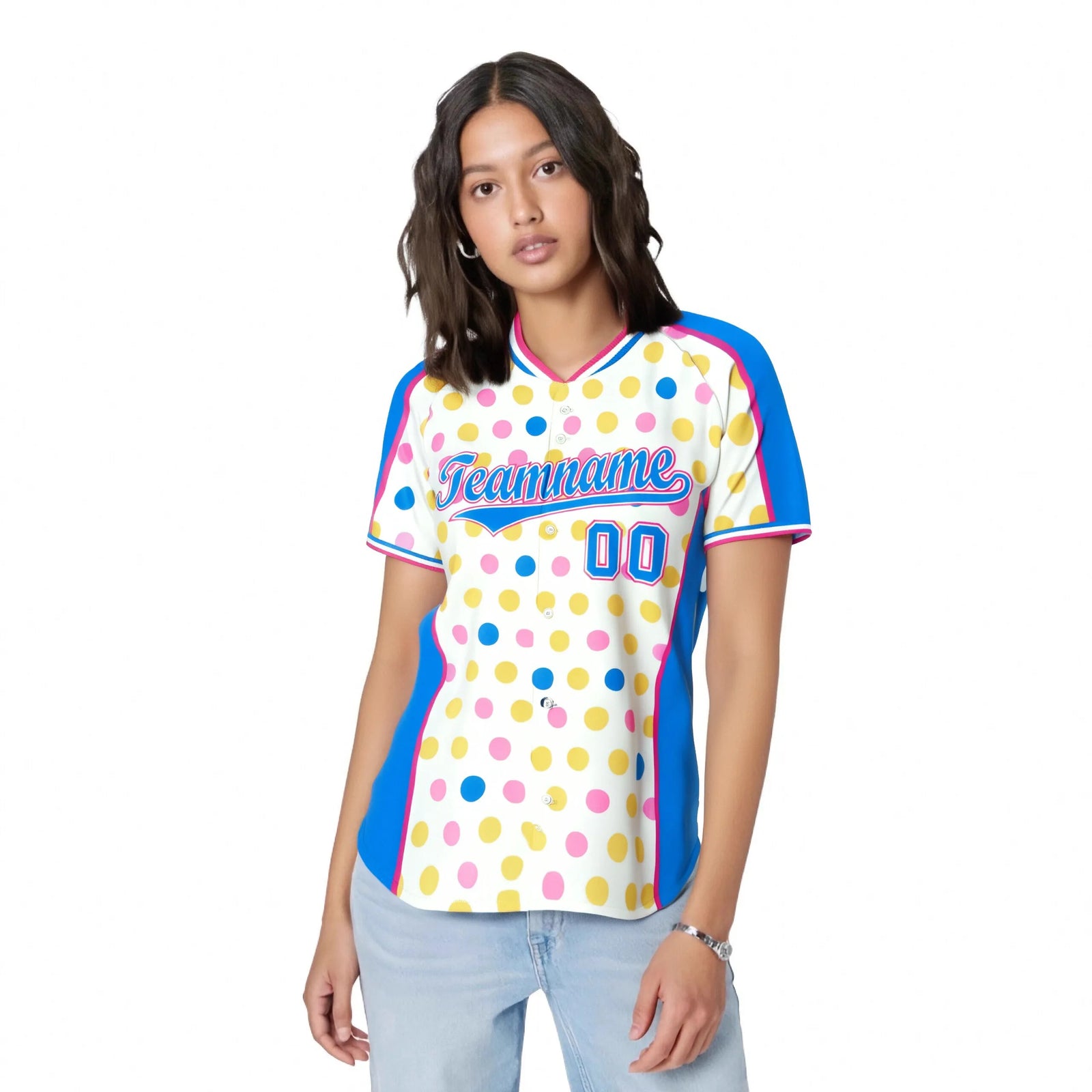 Custom White Powder Blue Pink Gold Authentic Polka Dot Fashion Baseball Jersey