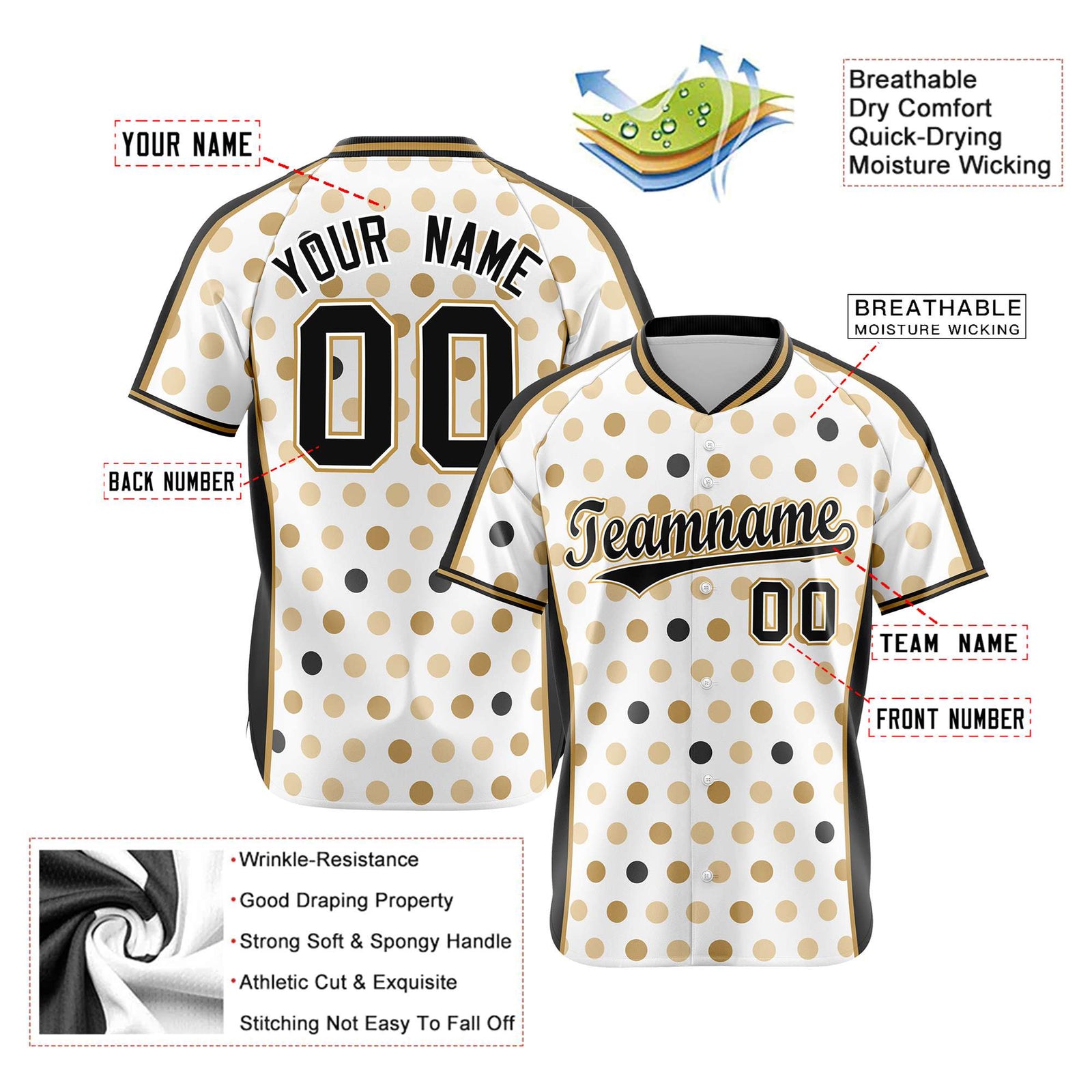 Custom White Black Old Gold Authentic Polka Dot Fashion Baseball Jersey