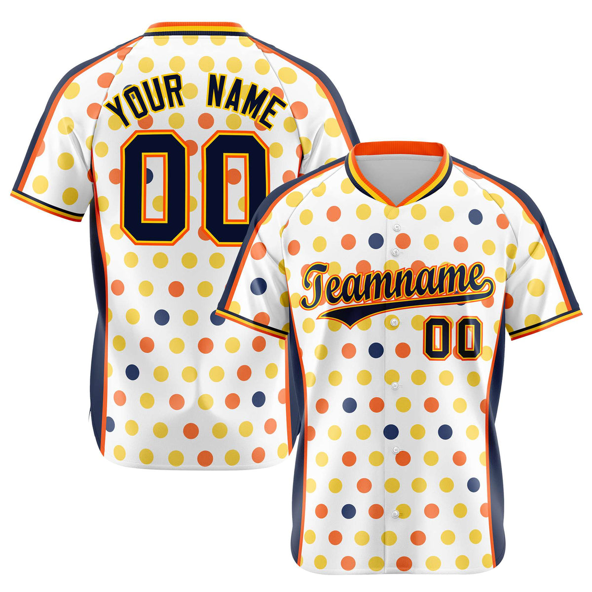 Custom White Navy Orange Gold Authentic Polka Dot Fashion Baseball Jersey