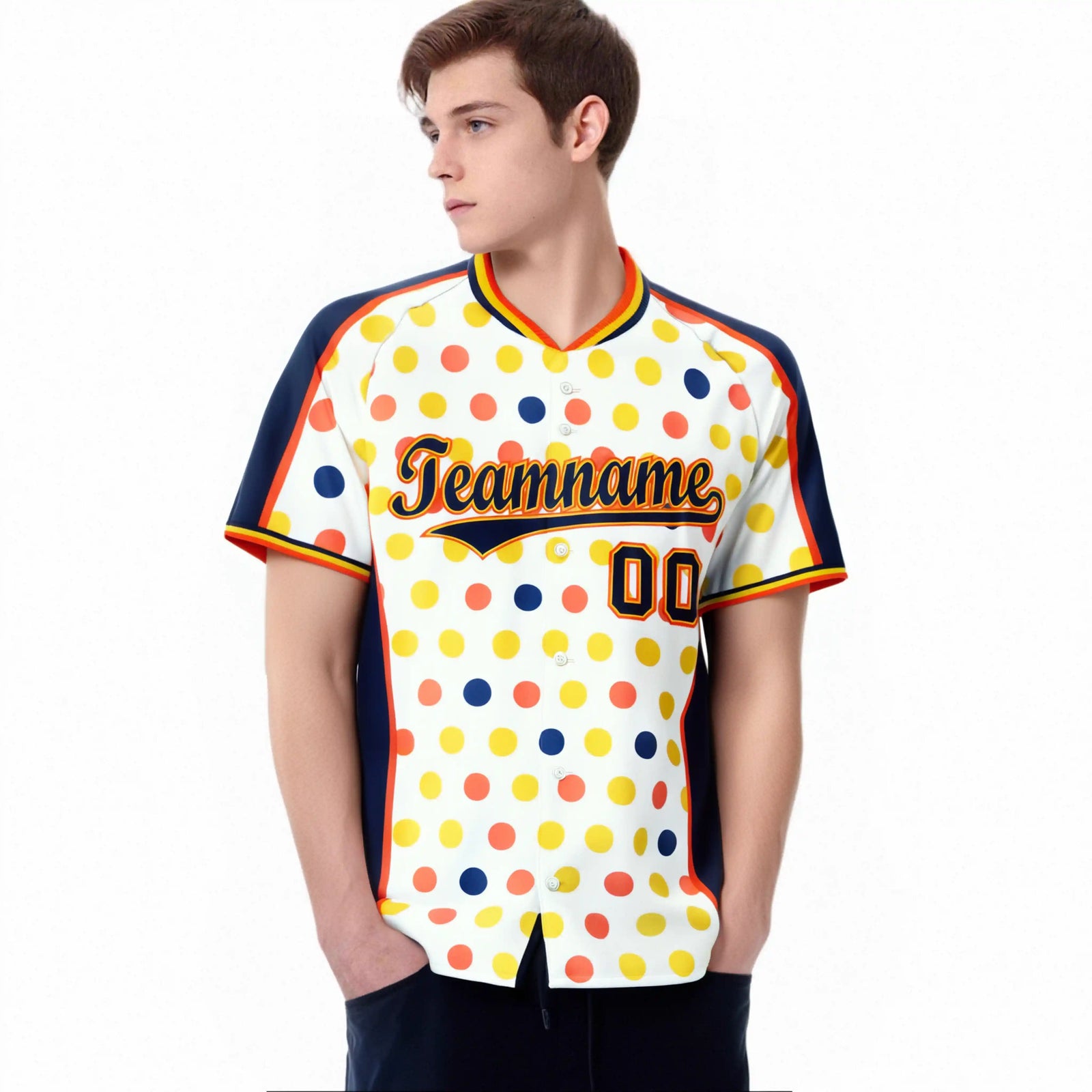 Custom White Navy Orange Gold Authentic Polka Dot Fashion Baseball Jersey