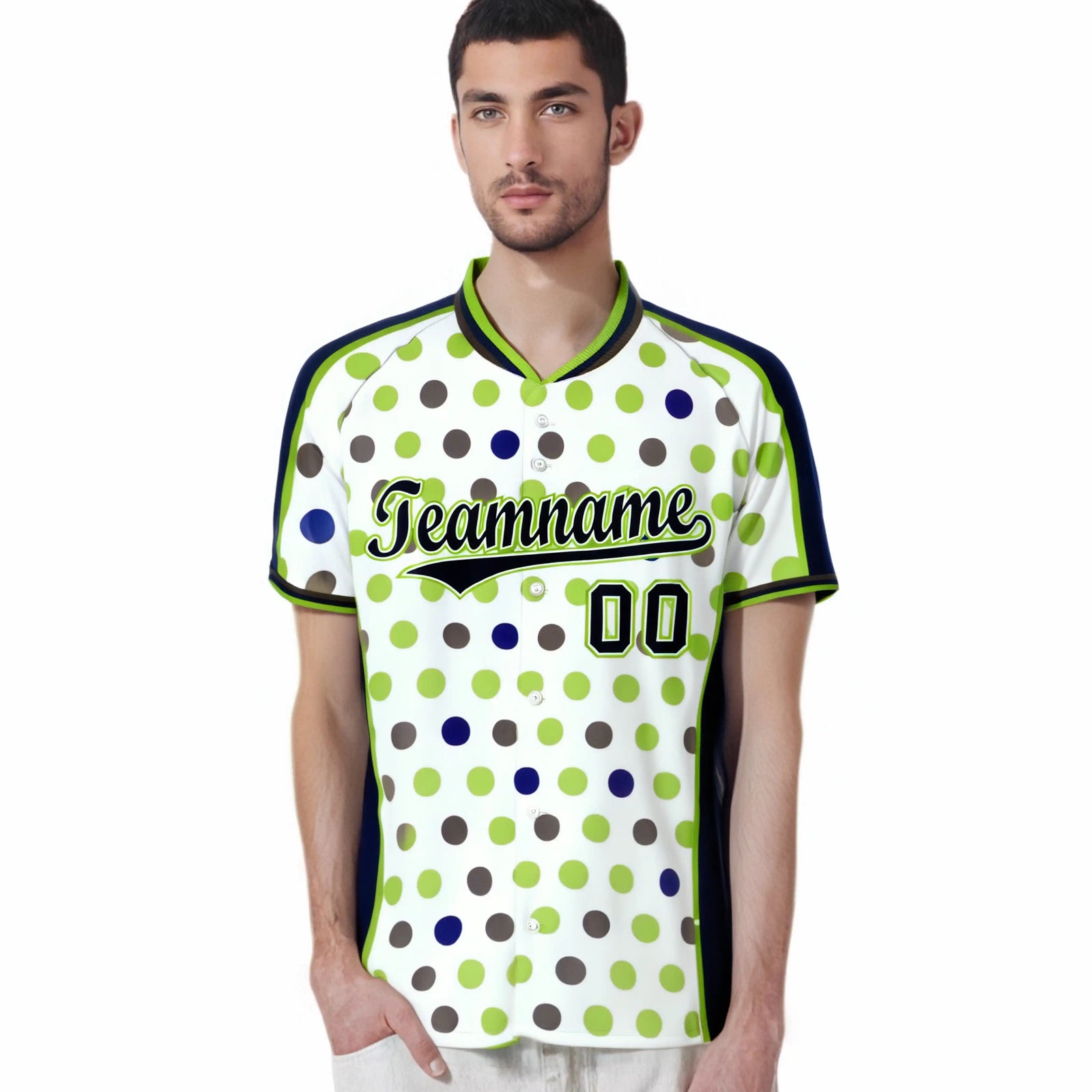 Custom White Navy Neon Green Authentic Polka Dot Fashion Baseball Jersey