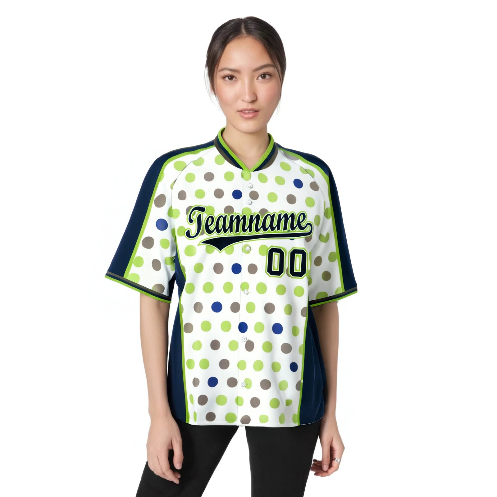 Custom White Navy Neon Green Authentic Polka Dot Fashion Baseball Jersey