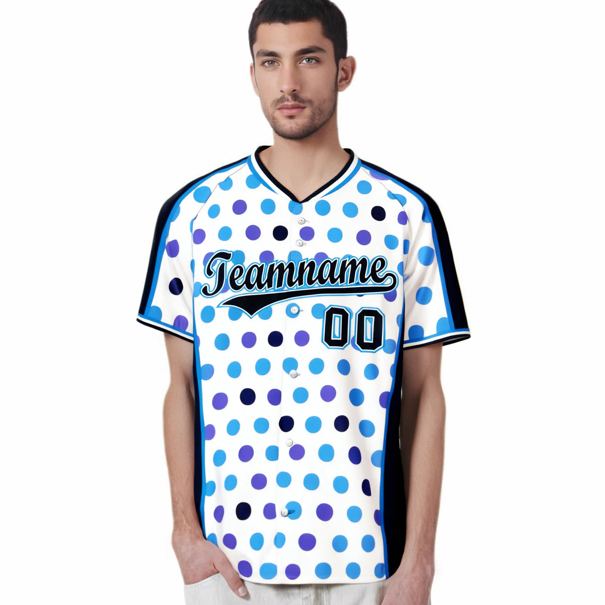 Custom White Navy Powder Blue Navy Authentic Polka Dot Fashion Baseball Jersey