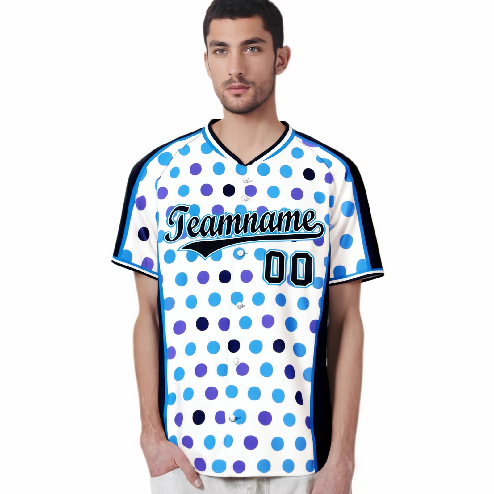 Custom White Navy Powder Blue Navy Authentic Polka Dot Fashion Baseball Jersey