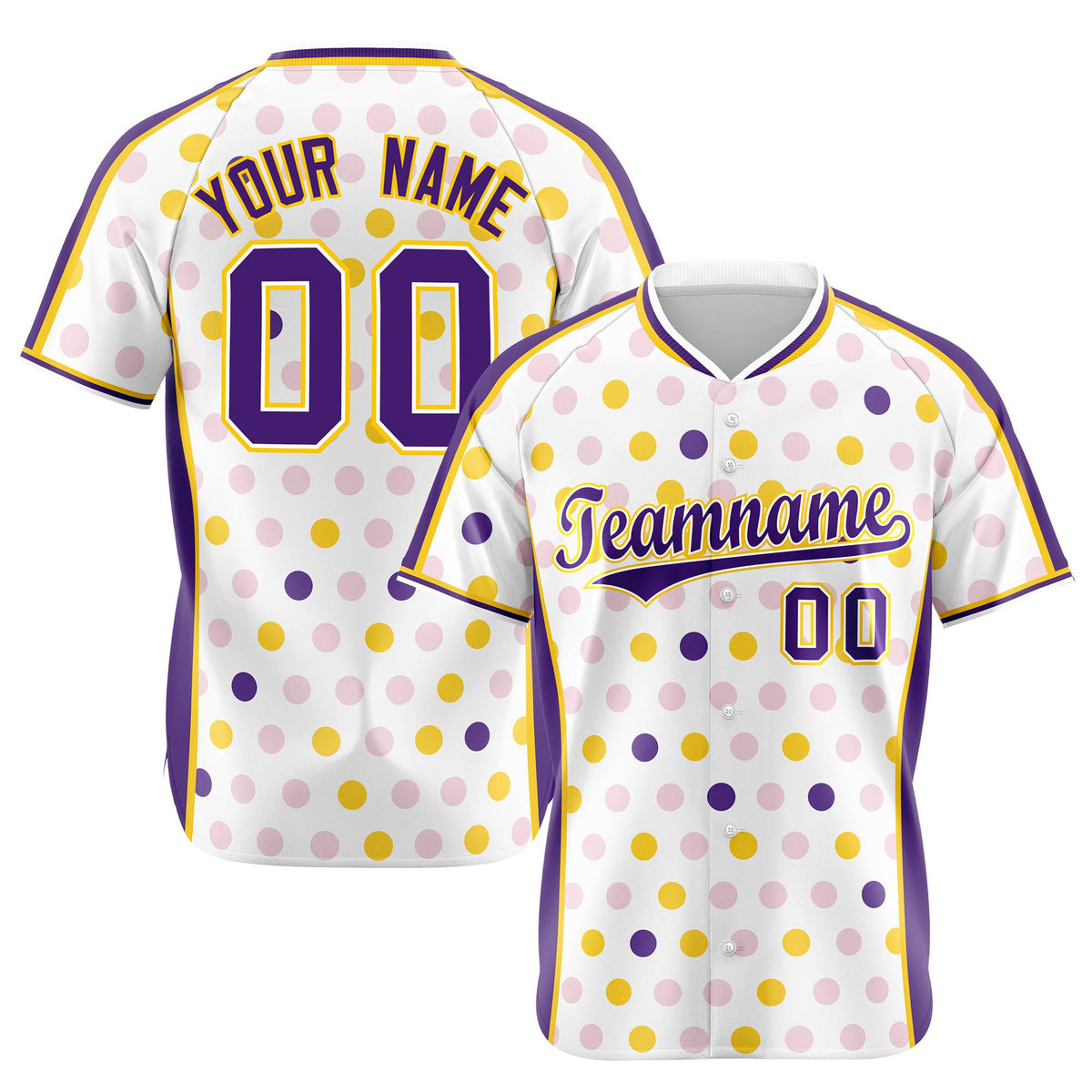 Custom White Purple Gold Authentic Polka Dot Fashion Baseball Jersey