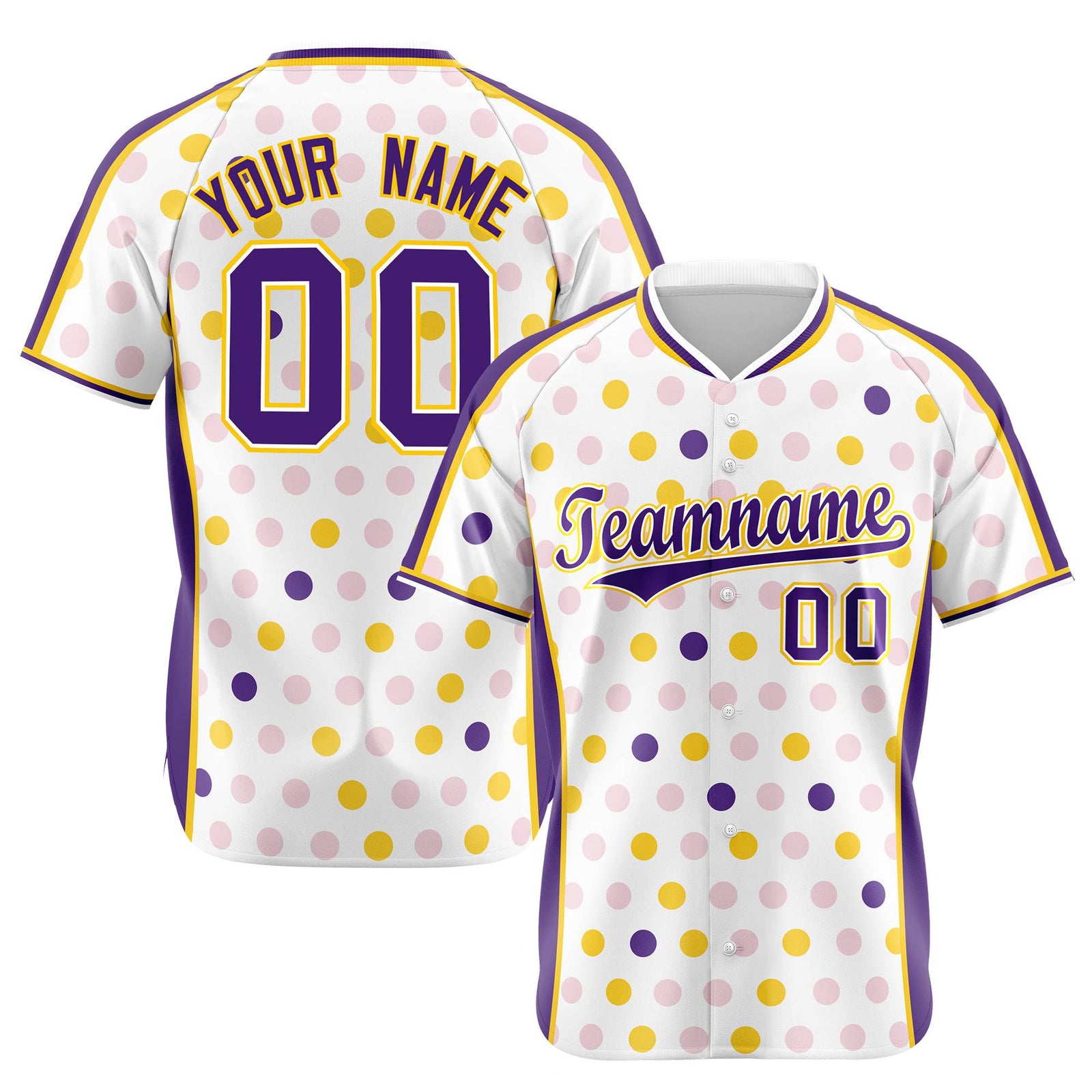 Custom White Purple Gold Authentic Polka Dot Fashion Baseball Jersey