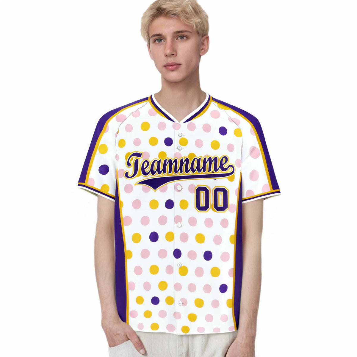 Custom White Purple Gold Authentic Polka Dot Fashion Baseball Jersey