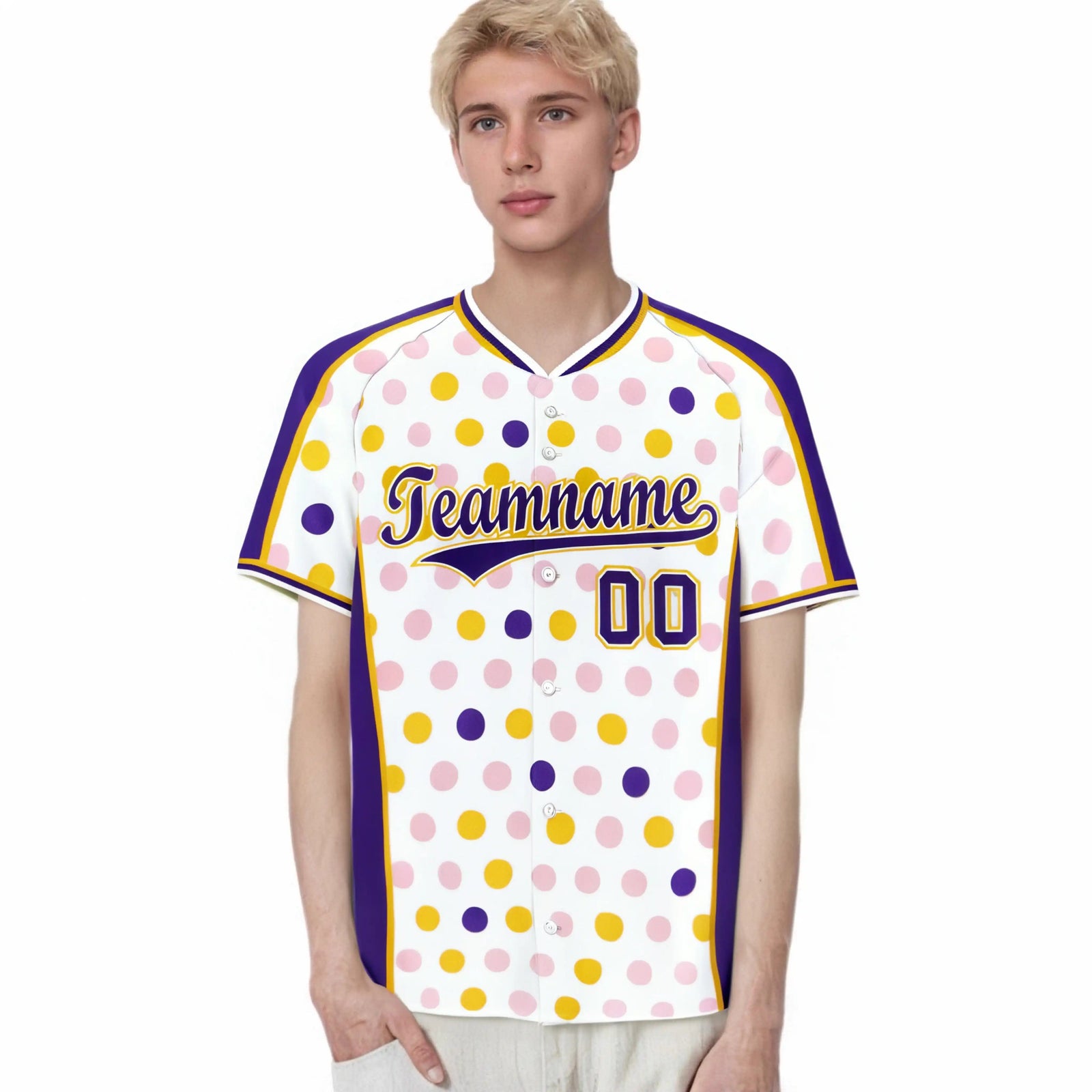 Custom White Purple Gold Authentic Polka Dot Fashion Baseball Jersey