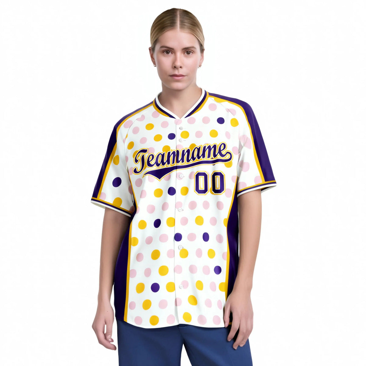 Custom White Purple Gold Authentic Polka Dot Fashion Baseball Jersey