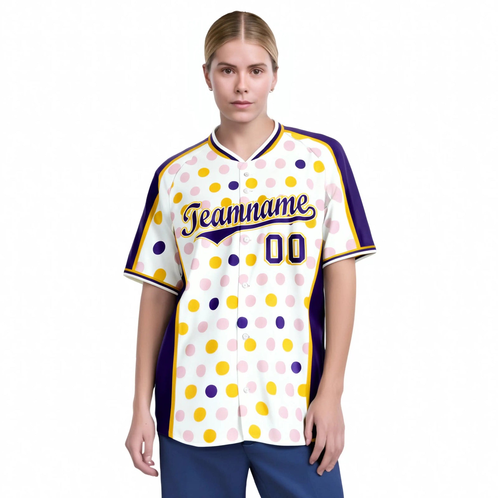 Custom White Purple Gold Authentic Polka Dot Fashion Baseball Jersey