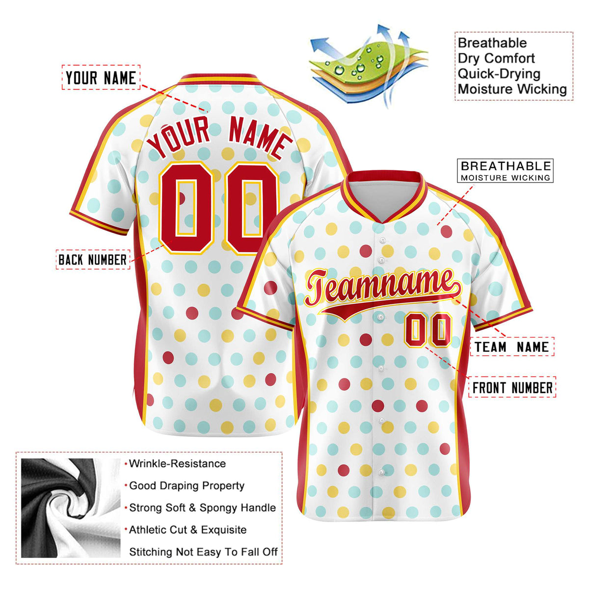 Custom White Red Gold Authentic Polka Dot Fashion Baseball Jersey
