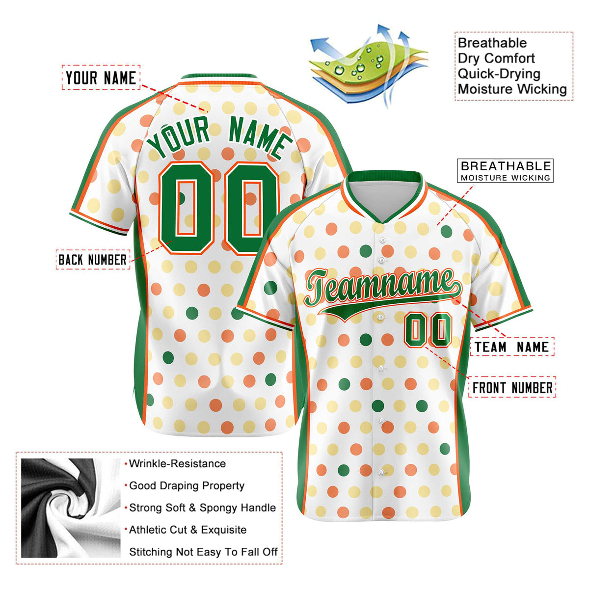 Custom White Kelly Green Orange Gold Authentic Polka Dot Fashion Baseball Jersey