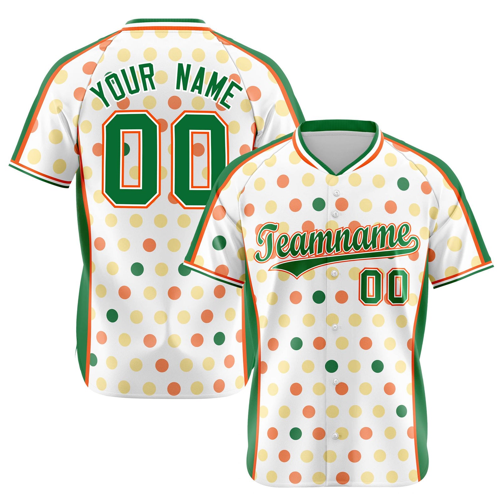 Custom White Kelly Green Orange Gold Authentic Polka Dot Fashion Baseball Jersey