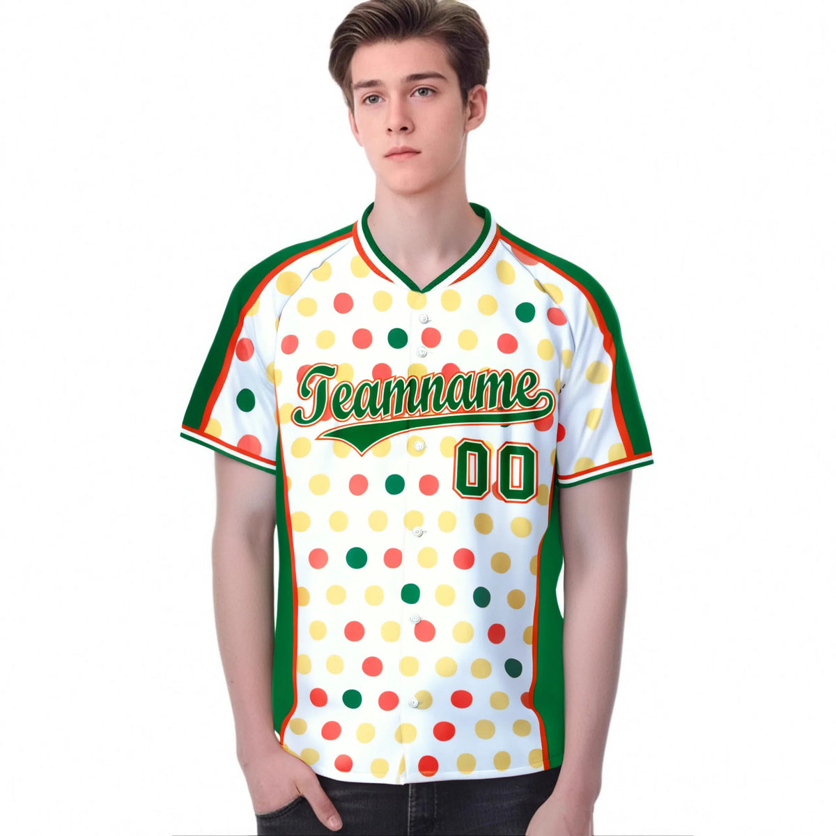 Custom White Kelly Green Orange Gold Authentic Polka Dot Fashion Baseball Jersey