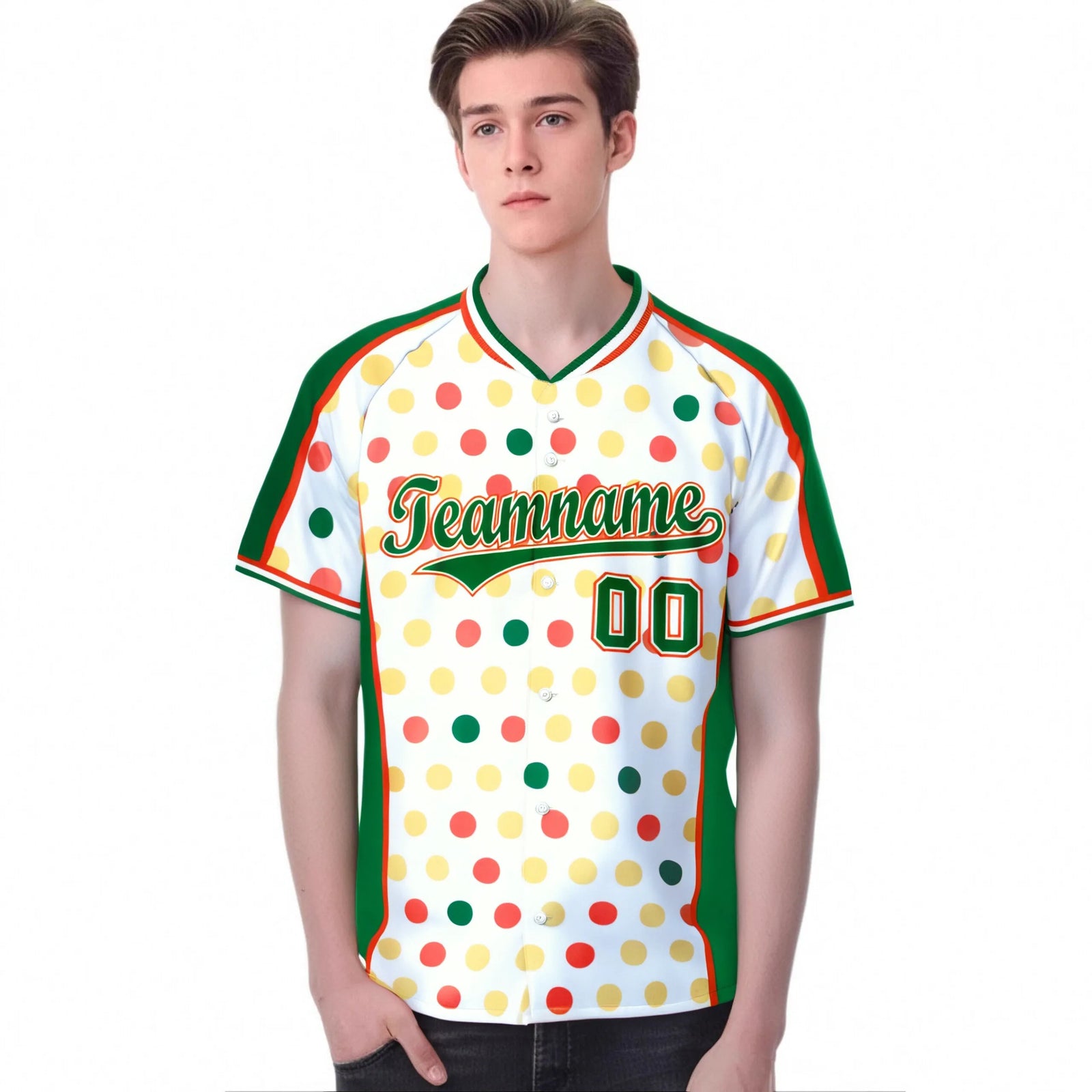 Custom White Kelly Green Orange Gold Authentic Polka Dot Fashion Baseball Jersey