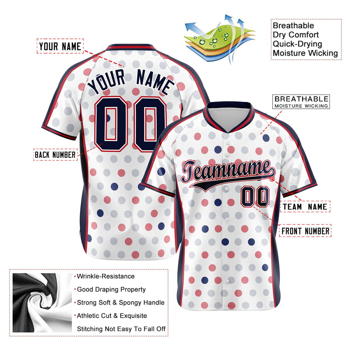 Custom White Navy Red Authentic Polka Dot Fashion Baseball Jersey