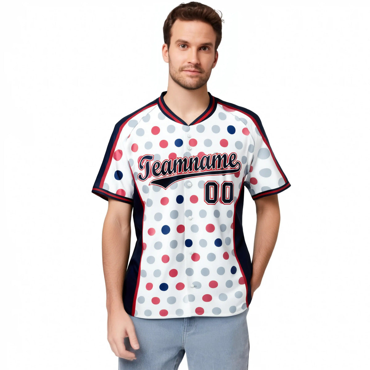 Custom White Navy Red Authentic Polka Dot Fashion Baseball Jersey