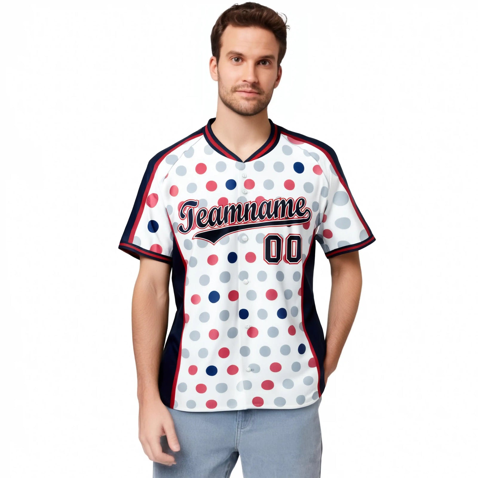 Custom White Navy Red Authentic Polka Dot Fashion Baseball Jersey
