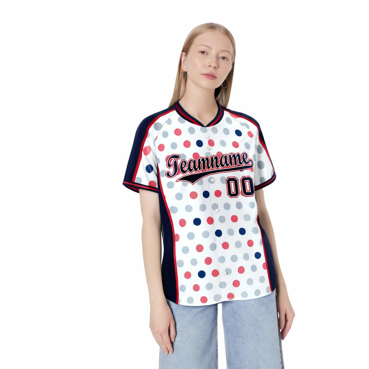 Custom White Navy Red Authentic Polka Dot Fashion Baseball Jersey