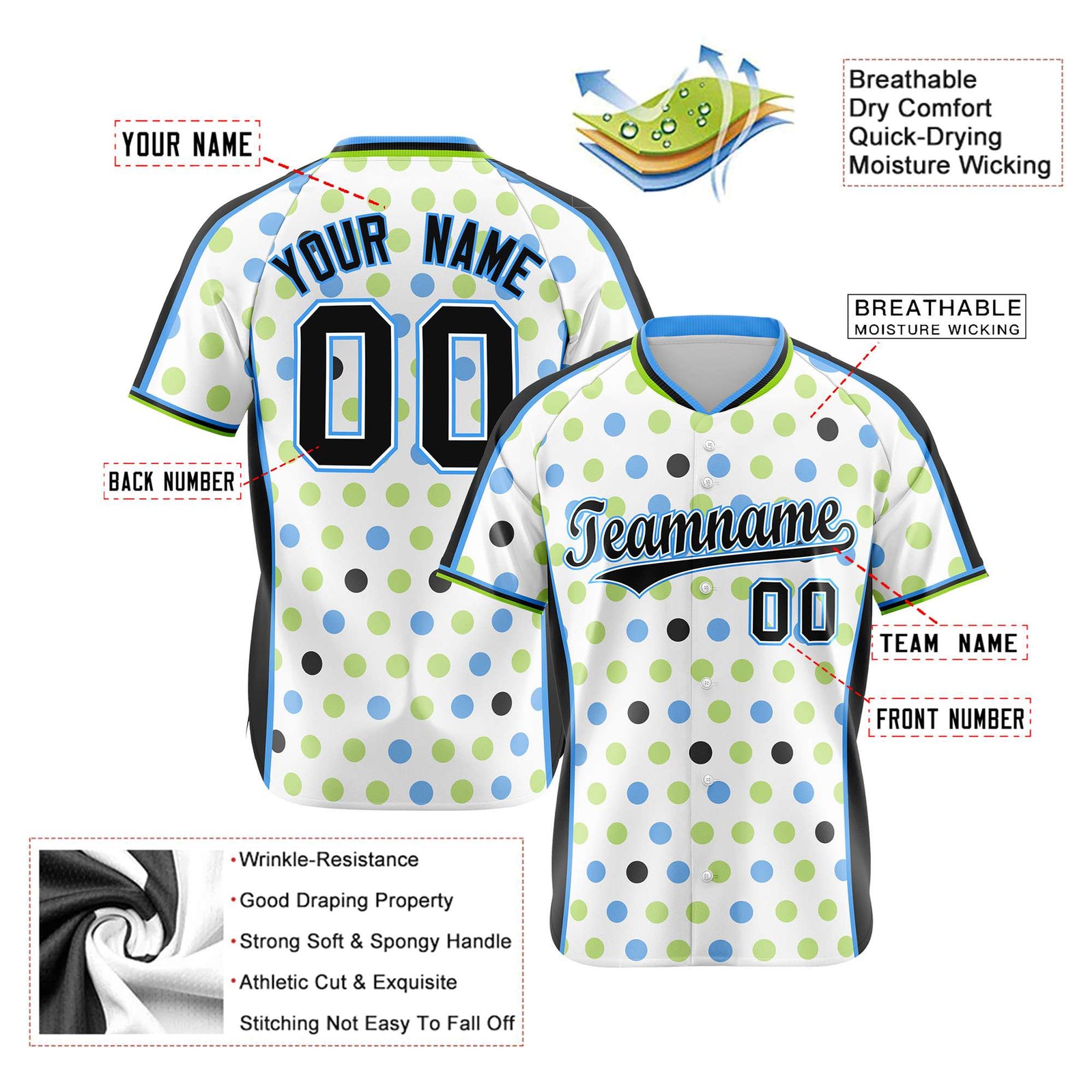 Custom White Black Powder Blue Authentic Polka Dot Fashion Baseball Jersey