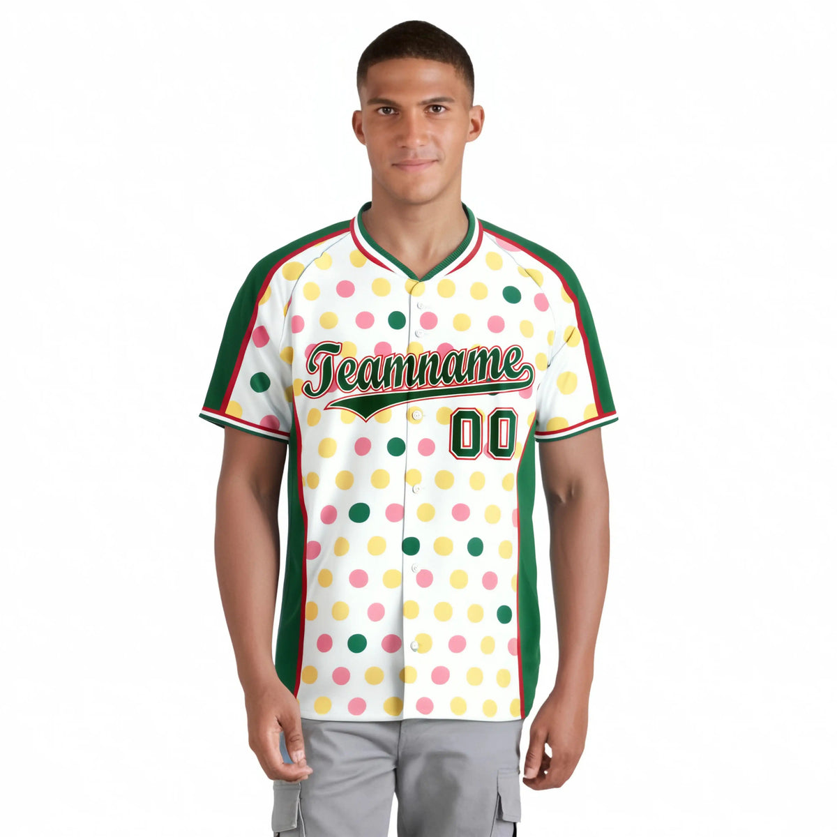 Custom White Green Pink Authentic Polka Dot Fashion Baseball Jersey